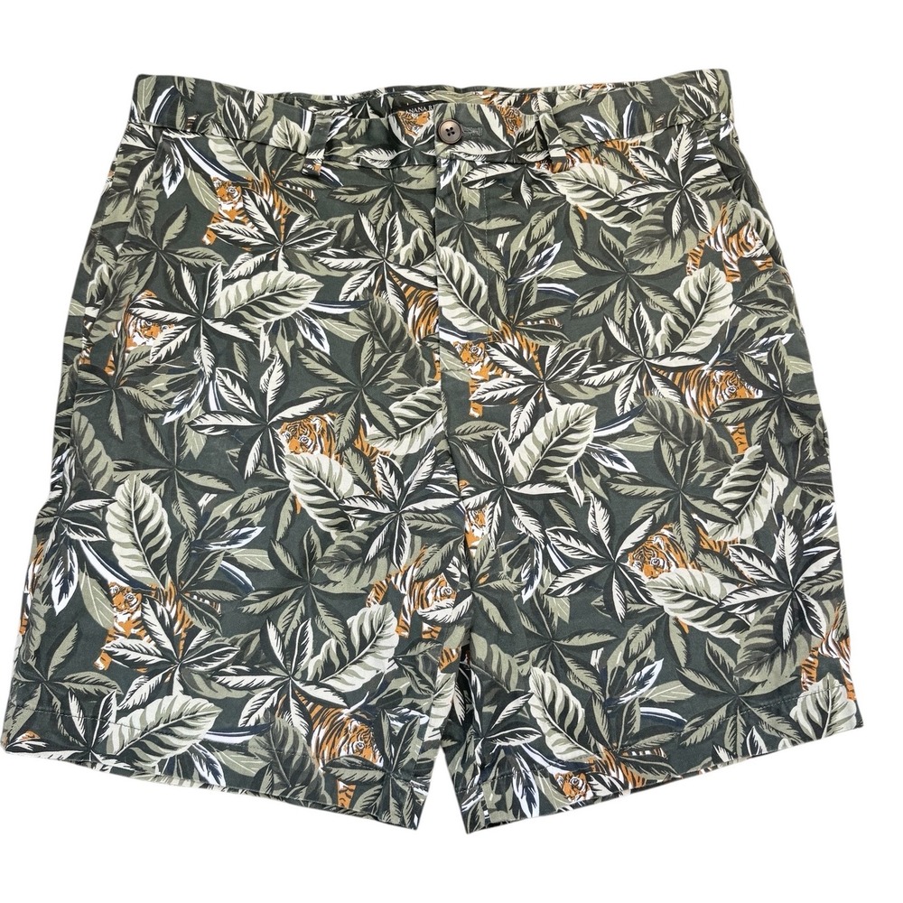 Banana Republic Aiden Shorts Mens 34 Green Tiger Tropical Palm‎ Leaf Print Slim